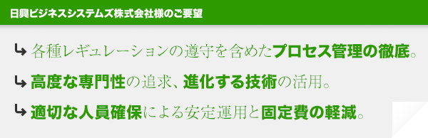 →各種レギュレーションの遵守を含めたプロセス管理の徹底。 →高度な専門性の追求、進化する技術の活用。 →適切な人員確保による安定運用と固定費の軽減。